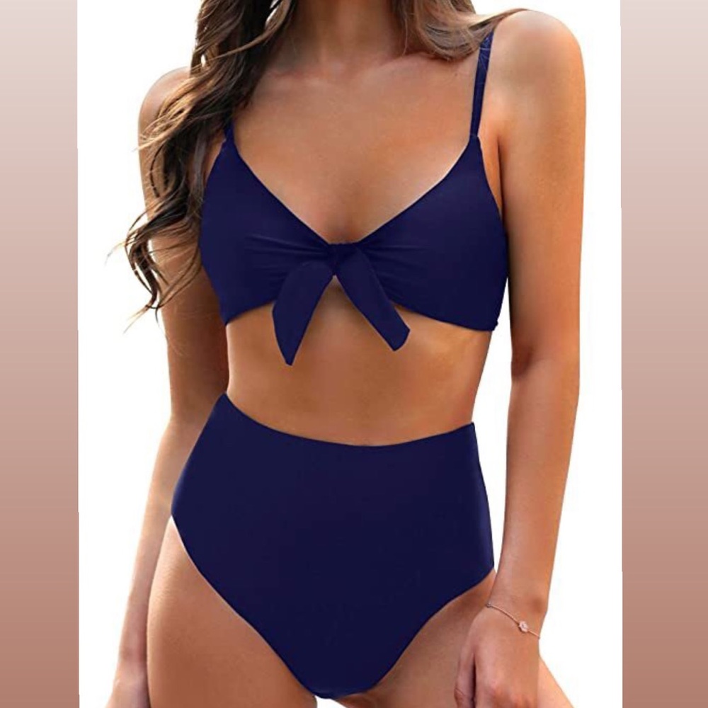 High Waisted Bikini Set w/ Tie Knot — Size S, Navy Blue
